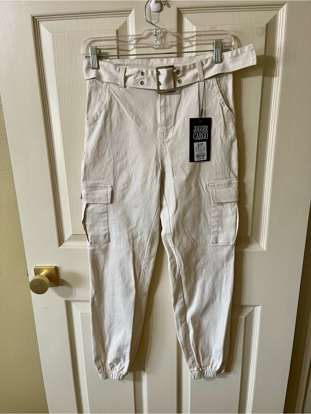 Belted Cream Cargo Jogger Pants